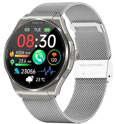 Knauermann PRO 3 (2024) Silber - Gesundheitsuhr Smartwatch mit Telefoniefunktion - EKG + HRV und SOS Funktion - AMOLED Display- BT Bluetooth - Schlafapnoe - Milanaiseband Schwarz, 14-24,rund