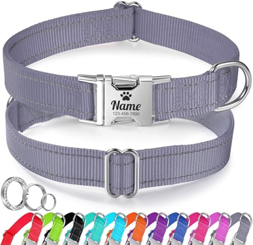 Personalisiertes Hundehalsband für mittelgroße Hunde – Reflektierendes Hundehalsband aus Nylon mit eingraviertem Namen und Telefonnummer, verstellbares Haustierhalsband