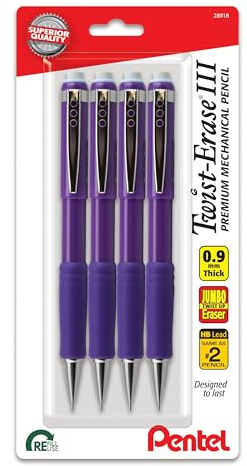 Pentel Twist-Erase III Mechanical Pencil, (0.9mm), Bold Line, Violet Barrel, Pack of 4 (QE519BP4V)