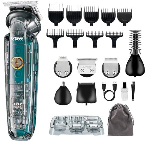 VGR Beard Trimmer Men Rechargeable Kit via USB-C All in One Grooming 180 Min Battery IPX6 Waterproof Cordless Hair Clippers - Male Electric Shaver Razor for Face Ear Nose Head Body Groomer 6 in 1