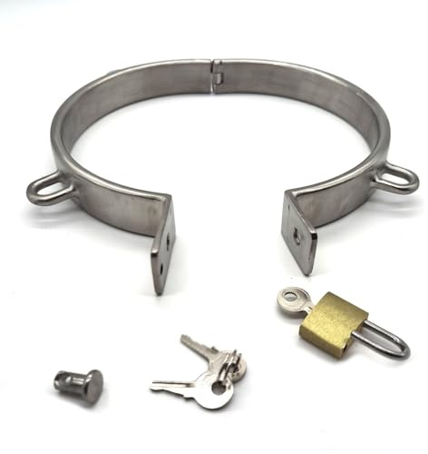 Soarvlorfy Ergonomisches Edelstahl 4 Ösen Halsband Halsreif Halsfessel Abschließbar Sklave Hals Kragen Ring Fetisch Erwachsene Spiel SM Bondage Sex Spielzeug für Paare Männer Frauen,Silber,Ø 13.7cm