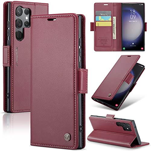 Rerzoiro Handyhülle für Samsung Galaxy S23 Ultra Hülle, Premium PU Leder Klapphülle RFID Schutzhülle Magnet Kartenfach Standfunktion Flip Wallet Tasche Case Kompatibel Samsung S23 Ultra, Rot