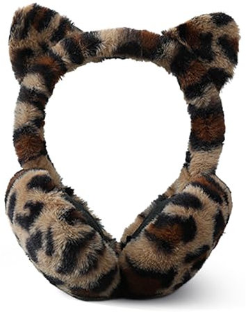 Moonlove Girls Leopard Print Earmuffs Winter Warm Thermal Ear Muffs Plush Fuzzy Adjustable Foldable Ear Cover Windproof Coldproof Cycling Warmer Protection for Women