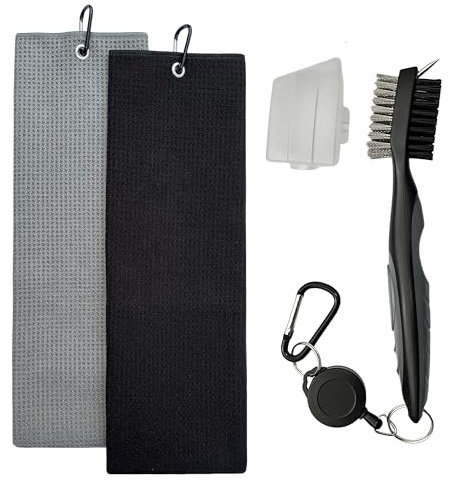 Scratch Golf Reinigungs-Set, 2 Mikrofaser Golfhandtücher (50 x 40cm) + Golfschläger Reinigungsbürste