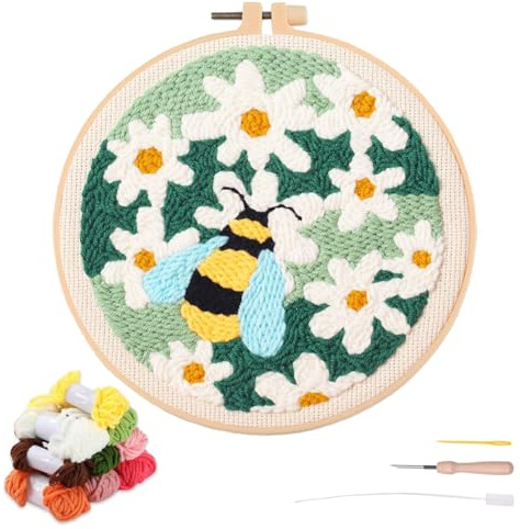 artcici Stanznadel-Set für Anfänger mit Blumen-Bienenmuster-Werkzeug und Garn, einfaches Sticken, Teppichhaken-Set (Weiße Blume)