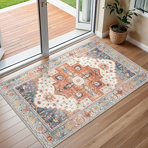 BEIMO Tapis Entrée Intérieur, Tapis de Porte Lavable, Tapis Salon Vintage, Chambre, Cuisine Dessous Antidérapant, Vintage Orange, 60x90cm