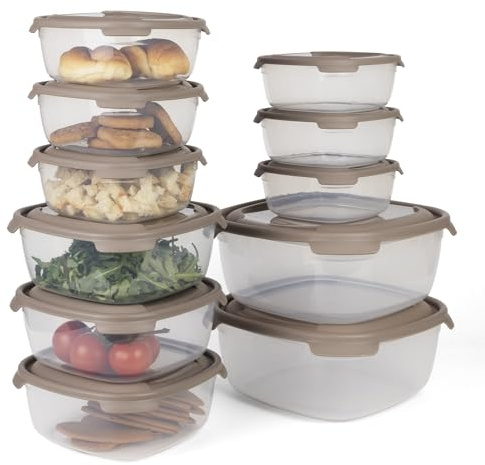 PROFUN Set di contenitori con coperchio, per forno a microonde con coperchio, contenitori per congelatore, contenitori di plastica per alimenti, set da 11, marrone