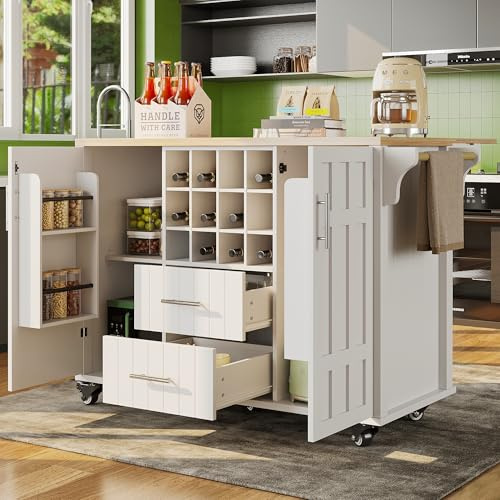 DRIXNO Kücheninsel mit Hrausnehmbaren Trennwänden, Esszimmerwagen mit Arbeitsplatte, Buffetschrank, Seitlicher Handtuchhalter, mit Weinregal, mit Rollen, Weiß