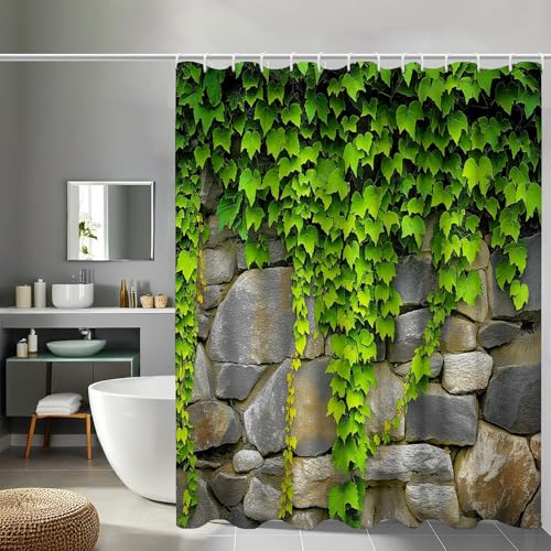 MULERN Tende Doccia Edera Muro Di Pietra, 150x180 cm Tendina da Doccia Natura Pianta Tende per Vasca da Bagno, Impermeabile Poliestere Grigio Verde Lavable Tendina con 12 Ganci, per Casa Hotel