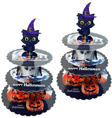 Confezione da 2 alzate per torte in cartone, a 3 ripiani, in pizzo, riutilizzabili, per feste di compleanno, baby shower, tè, Halloween, feste e panetteria (gattino nero)