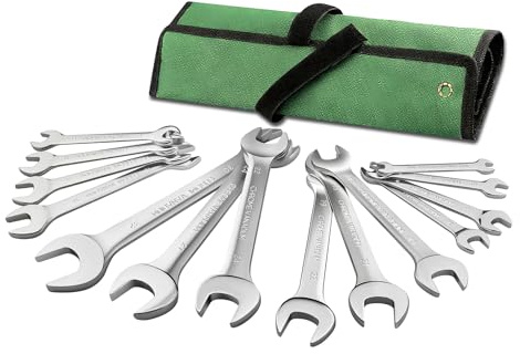 NZNSML 14 Pcs Thin Spanner Set Double Open End Wrench Flat Metric Spanner Set 6 mm to 32 mm Mirror Polish Chrome Vanadium Steel for Machine Bicycle Automotive Repair with A Roll-Up Pouch