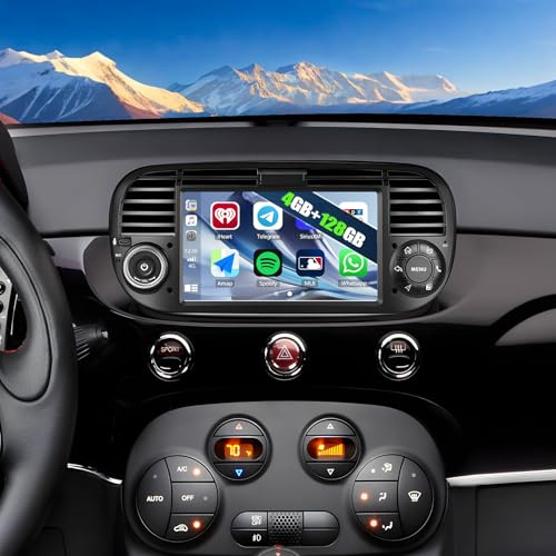 CAMECHO 4G+128G Android 15 Car Stereo for 2007-2015 Fiat 500 Stereo with Wireless CarPlay Android Auto, 7 IPS Touch Screen Car Radio with GPS Navigation WIFI Bluetooth FM RDS Type-C USB Input