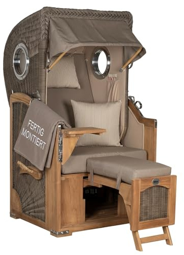 MR. DEKO Exklusiver Strandkorb-Einsitzer | Düne Single Volllieger Korb | Teak-Vollholz | PE-Rundgeflecht Grey | Maritimes Bullauge-Design | Dessin 534 (Uni Braun) | Premium Strandkörbe