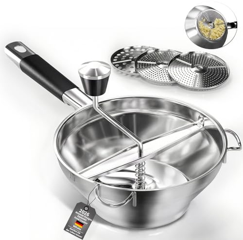 Moulin à Légumes en acier inoxydable avec 3 disques interchangeables,broyeur manuel à manivelle pour aliments pour bébés,pour sauce tomate et purée de pommes de terre (argent)