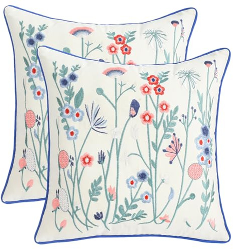 LUOYEHK Embroidered Throw Pillow Covers 18x18 Inch Set of 2 Blue and Pink Flowers Decorative Pillow Covers Spring Summer Flora Pillowcase Cushion Cover for Couch Sofa Bed Home Decor