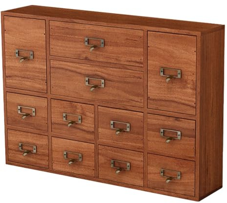 12 Drawers Apothecary Cabinet, Card Catalog Cabinet with Label Slot, Tabletop Apothecary Chests for Arts and Crafts, Wooden Desk Drawer Organizer, Vintage Storage Box
