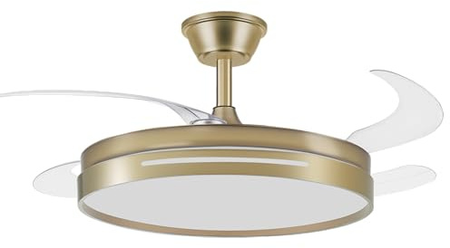 M MI DEKOR Ventilador de Techo LED 59W 4 Aspas Transparentes 106 cm, 6 Velocidades, Motor DC, Luz Regulable 3 Colores, Temporizador 2/4H, Memoria, Remoto, Dorado – Interior, MD1860
