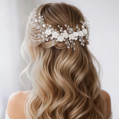Atigy Flower Bridal Hair Vine Silver Pearl Bröllop Hårdel Strass Brud Håraccessoarer för kvinnor (Silver)