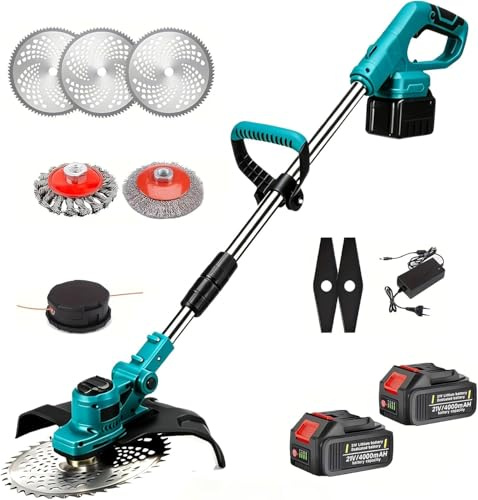 Bürstenlose Rasentrimmer 21V，Rasentrimmer für mit Unkrautbürste, mit 4 Klingentypen, Freischneider Elektrisch für Rasen Garten Beschneiden