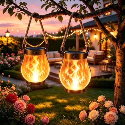 2 Stück Solar Hängelaternen Für Draußen, Wasserdichte LED Flackernde Tanzende Flammen Gartenleuchten, Hanfseil-Design Doppel USB & Solarbetriebene Dekoleuchten Für Hof Dekoration Geburtstagsgeschenk