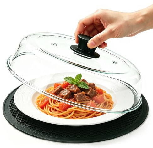 BigKing 10 Zoll Mikrowellen Abdeckung Glas mit Silikonpad für Küche & Büro | 10 Zoll Mikrowellen Abdeckung Glas BPA-frei, Spülmaschinenfest, Mit Schwarzes Silikonpad