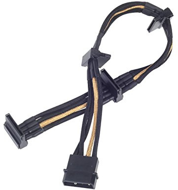 SilverStone SST-PP07-BTSBG - Cable enfundado Extensor 30cm Molex a 4X SATA, Negro Dorado