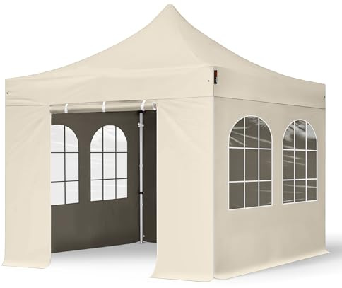 TOOLPORT 3x3 m Carpa Plegable Carpa de Fiesta, Professional Aluminio 40mm, Laterales con Ventanas de Arco, Crema