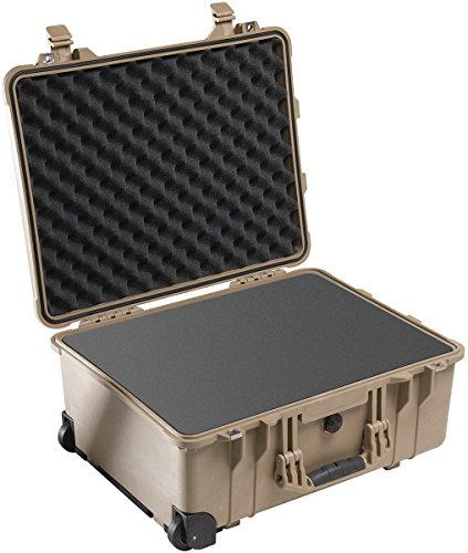 PELI 1560 Caja de transporte rígida estanca con ruedas y asa telescópica, IP67 estanca e impermeable al polvo, 44L de capacidad, fabricada en Alemania, con espuma personalizable, Beige