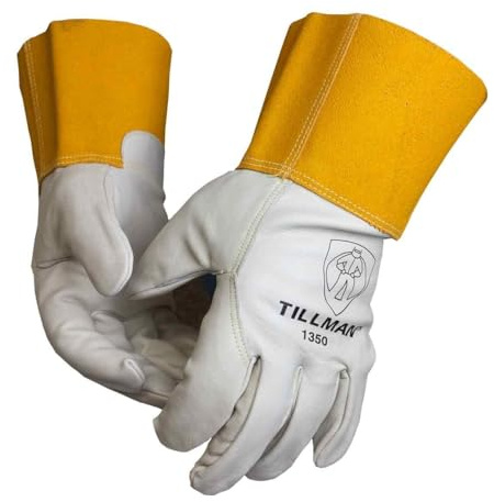 John Tillman and Co X-Small 10 12 Pearl and Gold Heavy Duty Top Grain Cowhide Unlined MIGTIG Welders Gloves with 4 Cuff and Kevlar Thread Locking Stitch (Carded) (1350XS)
