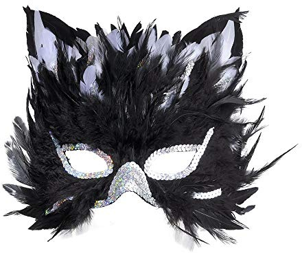 W WIDMANN MILANO Party Fashion - Masque de chat avec plumes | Masque noir forme d'yeux de chat avec plumes, paillettes argentées - Accessoire de costume pour le carnaval, bals masqués
