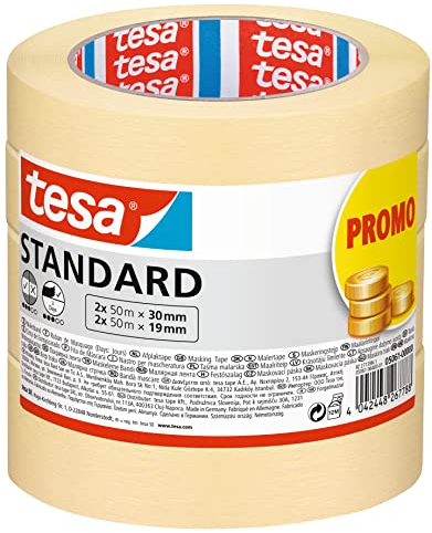 tesa Nastro per Mascheratura Standard - Nastro in Carta per Mascheratura, Rimozione senza Residui per 3 Giorni, senza Solventi, 2x 50 m x 19 mm + 2x 50m x 30mm