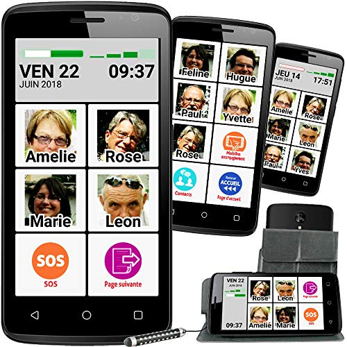 Mobiho-Essentiel Le SMART PHOTO CONTACT 5,5 pouces. L'interface senior sur mesure avec 9 photos contacts, SOS, Lampe, Coach privé, aide, intervention à distance inclus, Stylet extensible fourni + pochette de rangement inclinable. Débloqué tout opérateur toute carte Sim