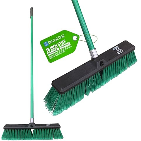 Stiff Yard Brush Heavy Duty Outdoor Broom – 18” Wide Garden Broom with Firm Synthetic Bristles and 120cm Strong Metal Handle, Sweeping Brush Outdoor for Large Gardens and Yards
