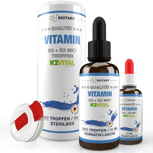 Vitamin D3 + K2 Tropfen 50ml, (K2VITAL®) 99,7+% All-Trans, inclusive Sterilbox, Reisefläschchen, hochdosiert 1.000 I.E. = 25µg D3 + 20µg K2, Laborgeprüft