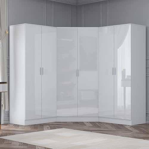 Reflect 3 Piece Wardrobe Bundle | 2 Door Corner + 2x 2 Door Plain | White Gloss & Matt White Finish | H: 180cm x W: 255cm x D: 103cm | Modern Bedroom Furniture Storage Solution
