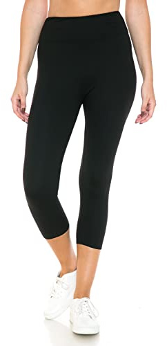 Leggings Depot Women's 3 Waistband Yoga High Waisted Solid Leggings Pants (Capri, Black, Plus Size)