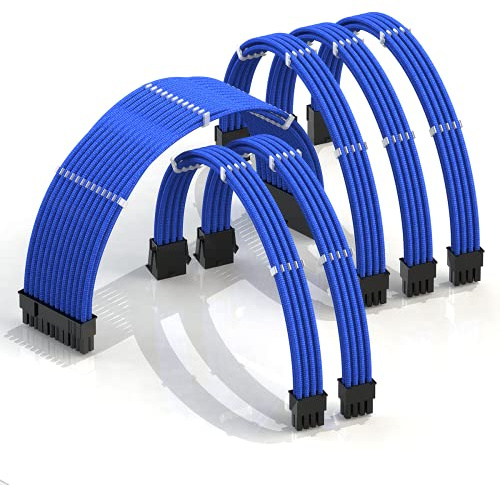 LINKUP - AVA 30cm Cable con Manguito - Prolongación de Cable para Fuente de Alimentación con Kit de Alineadores - Compatible con RTX3090| 1x 24P (20+4) MB| 2x 8P (4+4) CPU| 3x 8P (6+2) GPU| 300mm Azul