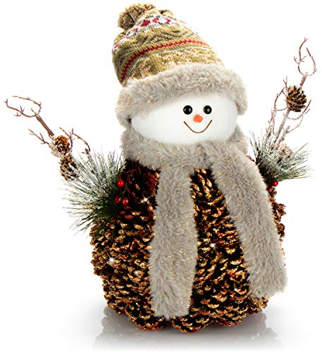 com-four® Schneemannfigur Größe L Premium, winterliche Dekofigur mit Tannenzapfenkörper, Handmade liebevolle weihnachtliche Details, hinreißende Tischdeko für die Adventszeit (goldfarben - L)
