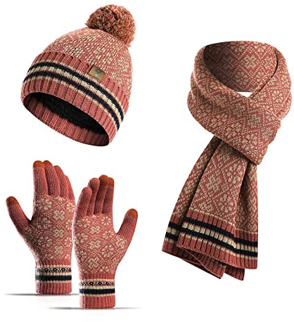 INSISMY Schal Mütze Handschuhe Set Damen Wintermützen mit Pompon, 3 Stück | Beanie Mütze Damen mit Bommel und Fleecefutter, Touchscreen Handschuhe für Smartphones, Strick Schal mit Schneeflockenmuster