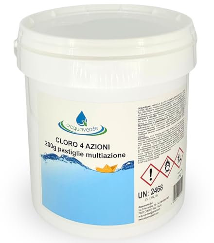 acquaverde | Cloro 4 AZIONI in Pastiglie da 200 grammi - 5 kg di Multiazione per Piscina, Trattamento Multifunzione: Clorante, Antialghe, Stabilizzante del Ph e Flocculante per Acqua di Piscine