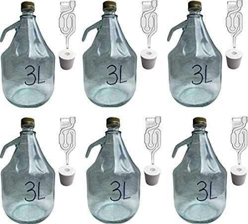 lilawelt24 6X 3L Flasche mit Schraubverschluß + Stopfen + Gärröhrchen GLASBALLON Weinballon GÄRBALLON GLASFLASCHE Flasche Gallone Leere Glasflasche zum Befüllen