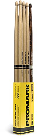 ProMark Baquetas Bateria - Rebound 5B Drumsticks - FireGrain - Sensación de peso trasero - Acabado de laca, Punta de Bellota, Madera de nogal americano - 3 pares de Rebound 5B + 1 par de FireGrain 5B