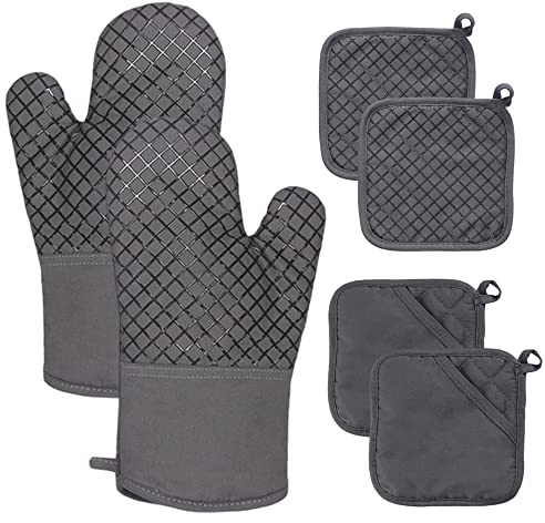 4 Pcs Oven Mitts and Pot Holders,500°F High Heat Resistant Kitchen Oven Mitts with Pot Holders,Long Oven Mitts with Recycled Cotton Infill and Silicone Non-Slip Surface for Baking and Cooking(Grey)