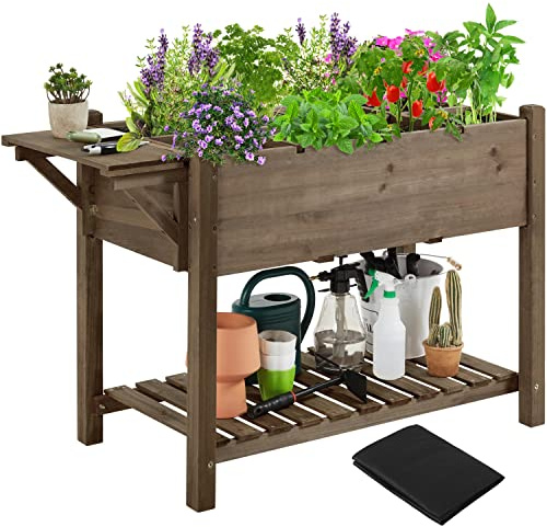 Yaheetech Carré Potager sur Pieds Jardinière Surélevée avec Étagère, Trous de Drainage, Table Pliable Carré à Plantes pour Culture en Maison/Balcon/Jardin 123.5x54x80 cm Marron foncé