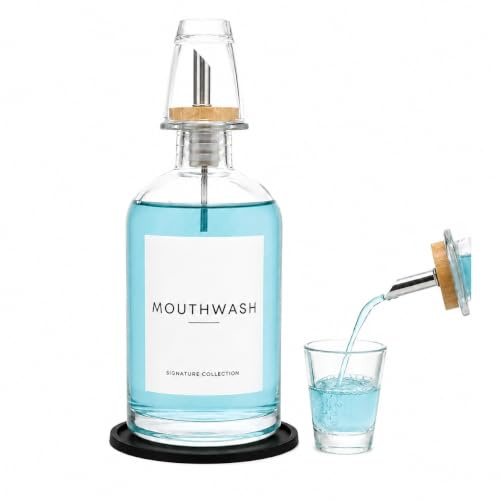 WASHEE Mouthwash Dispenser for Bathroom - Glass Mouthwash Container (12.7 oz) with Weighted Pour Spout & 4 Mouthwash Bottle Labels, perfect for Bathroom Organization & Farmhouse Decor