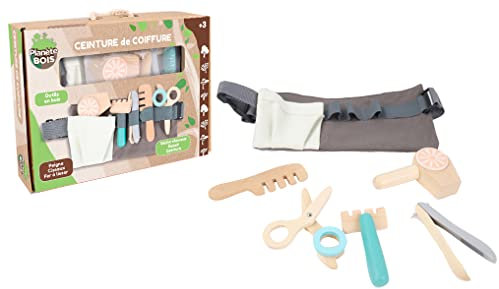 PLANÈTE Bois - Set du Petit Coiffeur - FSC - 030195-12 Pièces - Beige - Bois - Jeu pour Enfant - Jouet Durable - Ludique - Educatif - Jeu d'Imitation - Coiffure - 30 cm x 22 cm - À Partir de 3 Ans