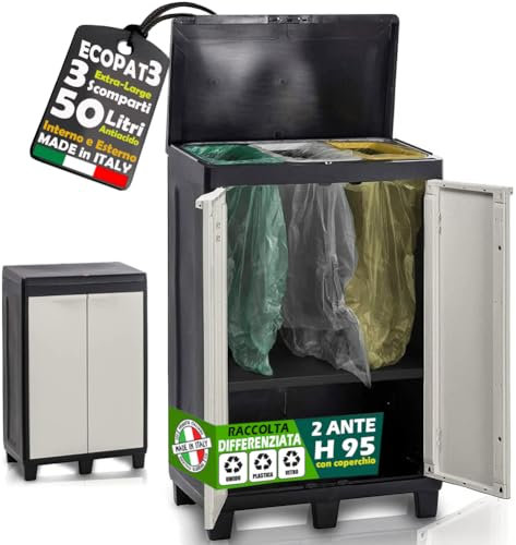 STAKMANN Meuble Poubelle pour Collecte différenciée, Couleur Gris et Noir, 3 espaces, 2 Portes, 1 étagère, possibilité Fermeture Cadenas Armoire conteneur déchets, Charge maximale 15 kg, extérieur