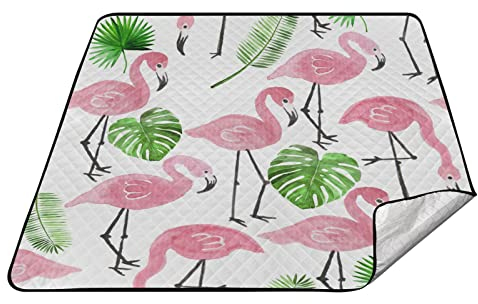 Leichte Picknickdecke, rosa Tinte, Flamingo, grüne Palme, Yoga-Decke mit Stauraum für den Außenbereich