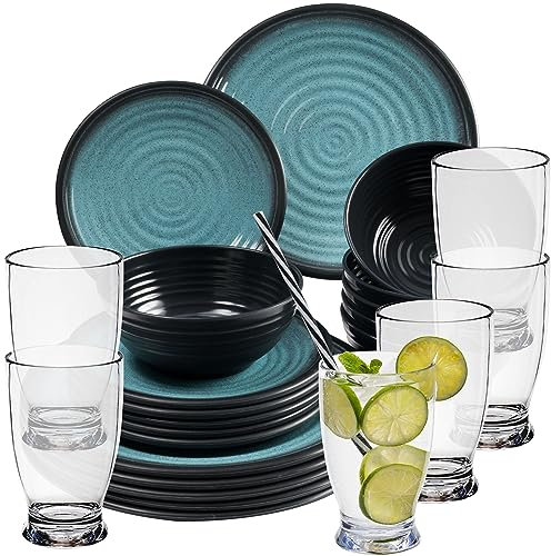 Service de table en mélamine - 24 pièces - Aspect faïence élégant - Bleu - Avec verre à eau de 380 ml transparent - Pour 6 personnes - Vaisselle à eau - Verre à eau - Whisky - Vaisselle de camping
