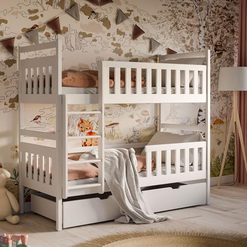 Hochbett 80x180 | 90x200 cm mit 2 Matratzen und 2 Schubladen Etagenbett mit Rausfallschutz und Lattenrost umbaubar in zwei Kinderbetten aus in weiß Funktionsbett 80x180 cm von 3. bis 12. Lebensjahr